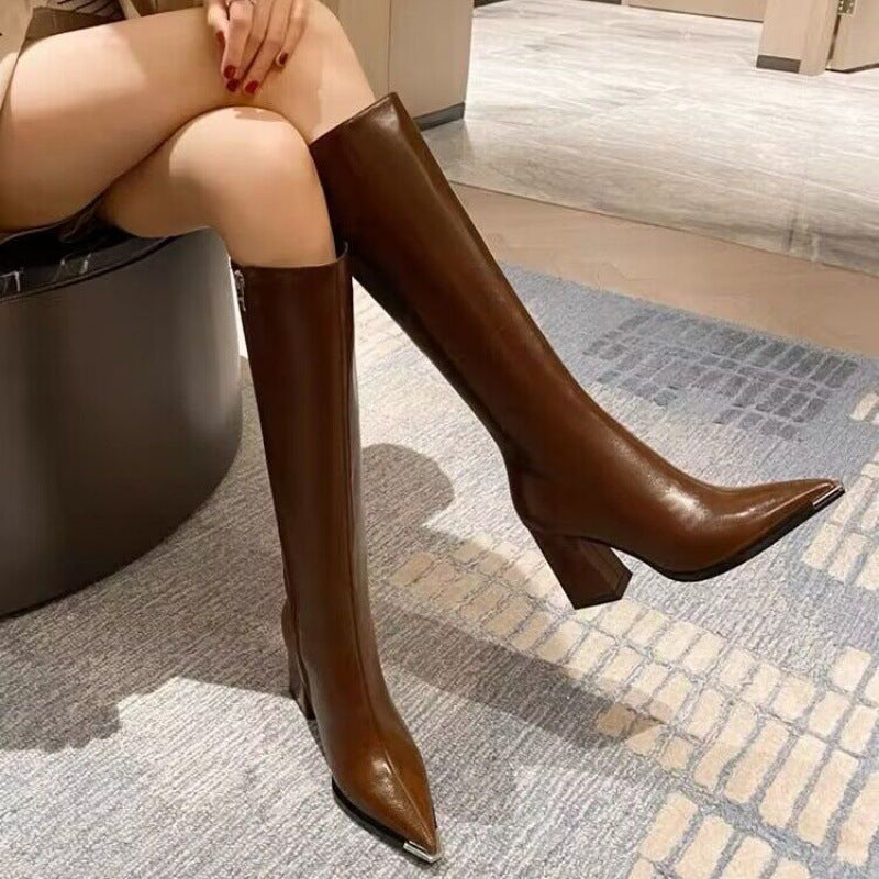 Soft Leather Pointed Toe Thick High Heel Long Boots