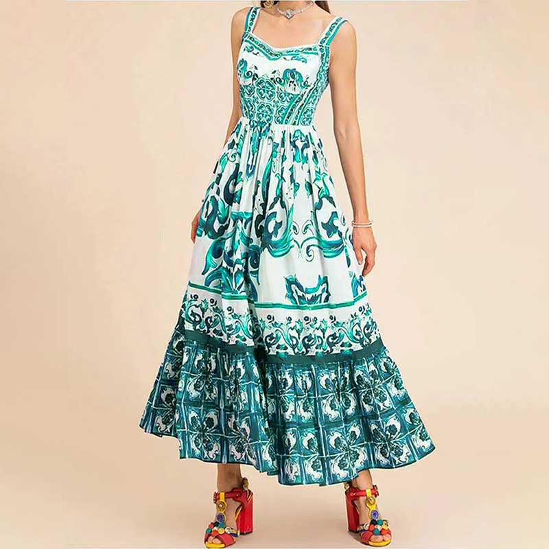 Printed Sleeveless Dress Fashion Temperament Spaghetti Waist-controlled Large Hem Dresses For Women