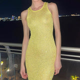 Fashion Sequin Sleeveless Knitted Dress Sexy Slim U-neck Maxi Dresses For Evening Party Club Clothing