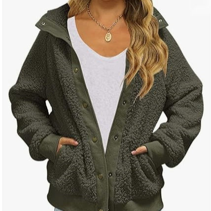 Cardigan Coat Thickened Fleece Pocket Pure Color Warm Keeping Coat For Women