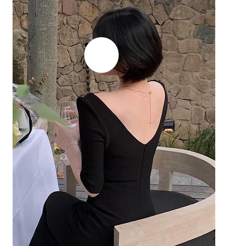 Waist-tight French Hepburn Style Special-interest Design Off-the-shoulder Gown Dress