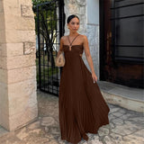 Ins Pleated Sleeveless Sling Dress Hollow High Waist Halter Robe Dresses For Evening Party Club Clothing Women