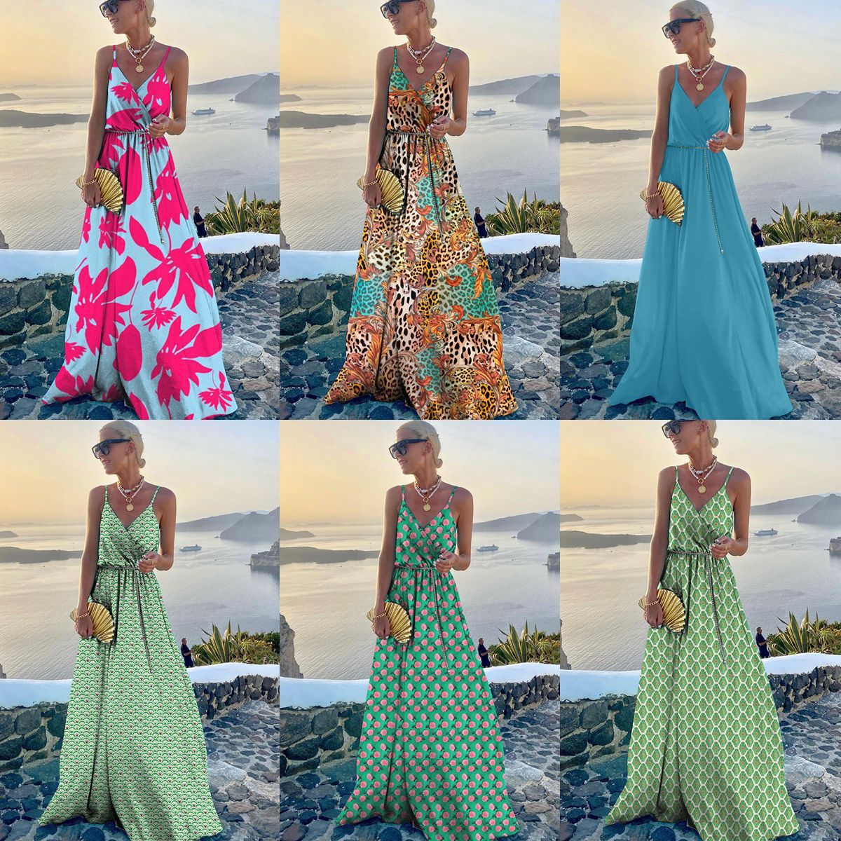 Women's Fashion Belt Printed Large Swing Dress