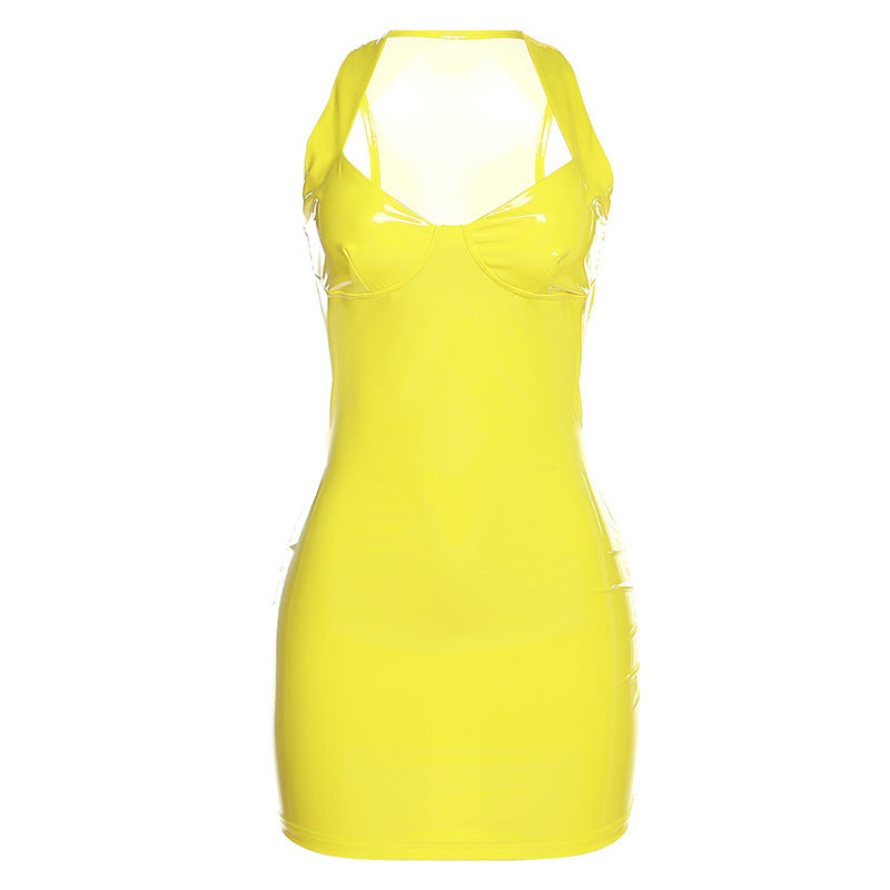 PU Glossy Slimming Waist Hip Spaghetti Straps Dress