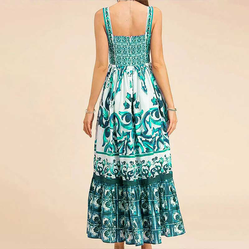 Printed Sleeveless Dress Fashion Temperament Spaghetti Waist-controlled Large Hem Dresses For Women