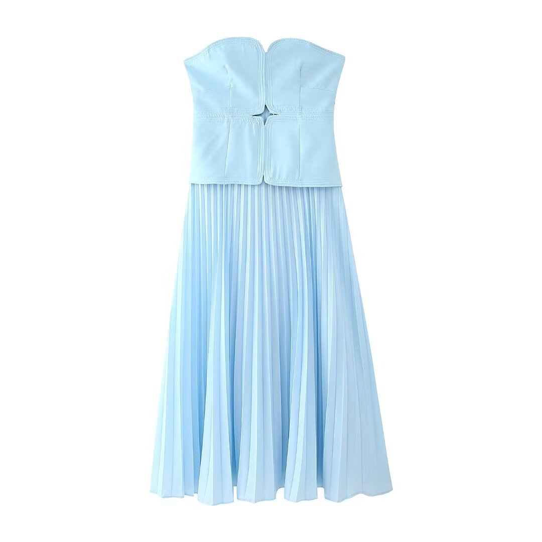 Sweet Girlish Tube Top Suspender Skirt Hollow Design Sexy Pleated Skirt