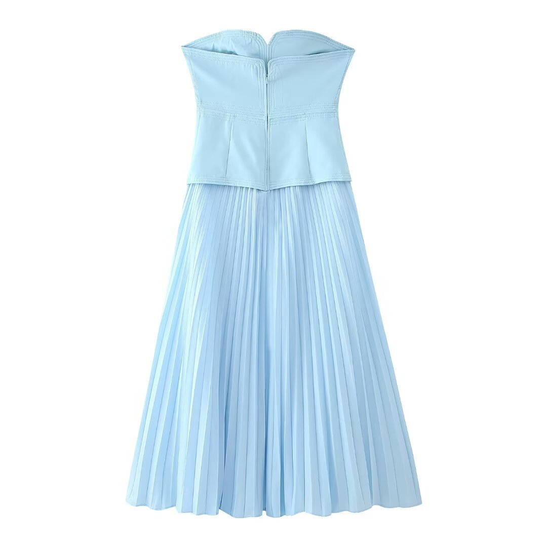Sweet Girlish Tube Top Suspender Skirt Hollow Design Sexy Pleated Skirt