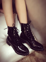 Motorcycle patent leather chunky heel ankle boots