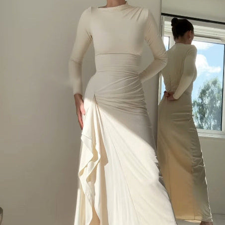 Solid Color Long Sleeve Pleated Dress