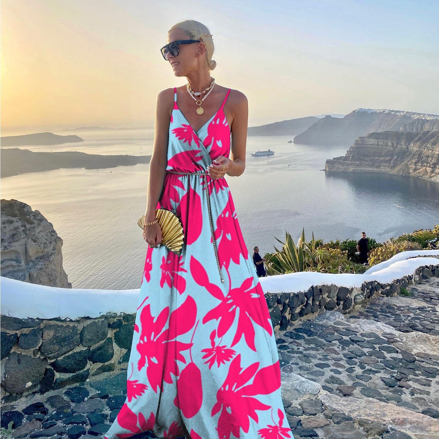 Women's Fashion Belt Printed Large Swing Dress