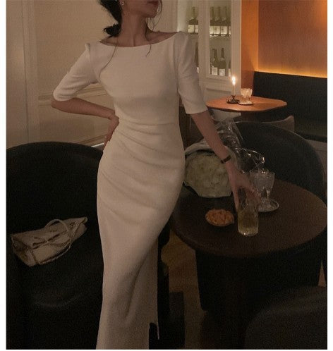 Waist-tight French Hepburn Style Special-interest Design Off-the-shoulder Gown Dress