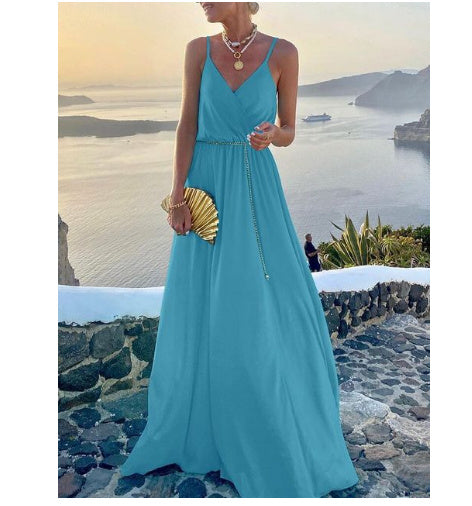 Women's Fashion Belt Printed Large Swing Dress