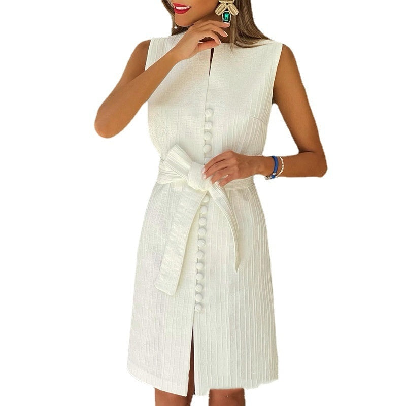 White Three-dimensional Texture Sleeveless Slim Fit Commuting Style Dress Belted