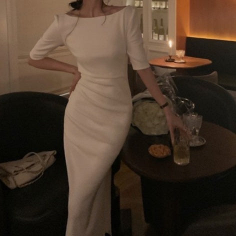 Waist-tight French Hepburn Style Special-interest Design Off-the-shoulder Gown Dress