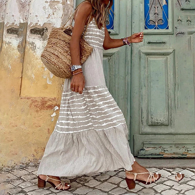 Women's Halter Neck Sleeveless Dress Casual Loose Striped Summer Vacation Long Maxi Dresses
