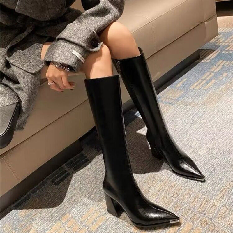 Soft Leather Pointed Toe Thick High Heel Long Boots