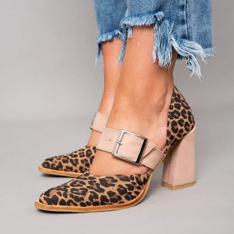 Spring Fashion High Heel Pointed Belt Buckle Leopard Print Sandals