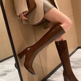 Soft Leather Pointed Toe Thick High Heel Long Boots