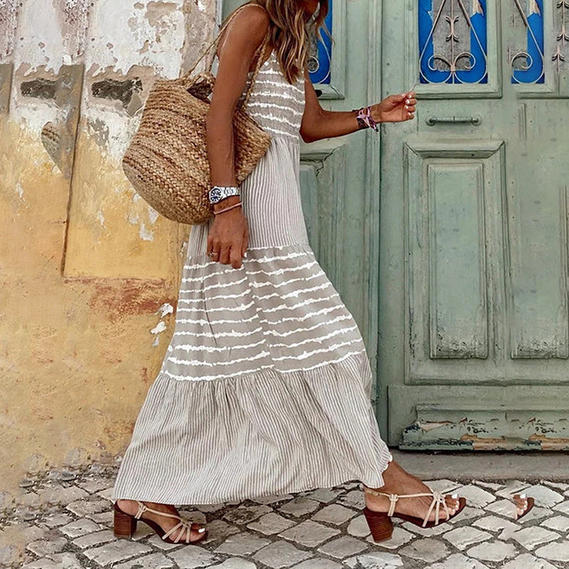 Women's Halter Neck Sleeveless Dress Casual Loose Striped Summer Vacation Long Maxi Dresses