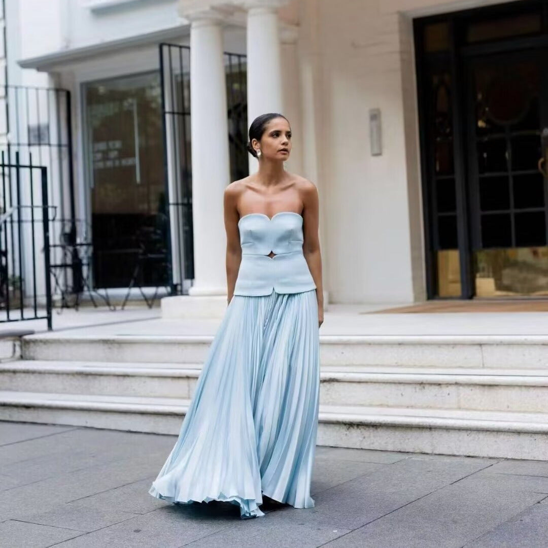 Sweet Girlish Tube Top Suspender Skirt Hollow Design Sexy Pleated Skirt