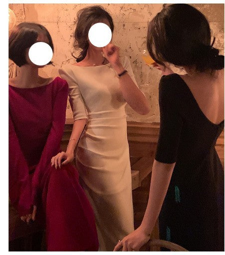 Waist-tight French Hepburn Style Special-interest Design Off-the-shoulder Gown Dress