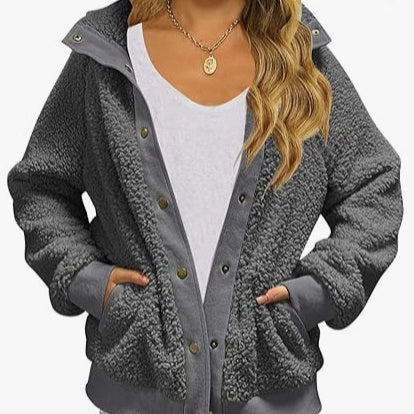 Cardigan Coat Thickened Fleece Pocket Pure Color Warm Keeping Coat For Women