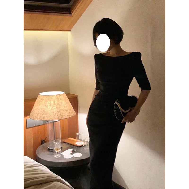 Waist-tight French Hepburn Style Special-interest Design Off-the-shoulder Gown Dress