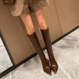 Soft Leather Pointed Toe Thick High Heel Long Boots