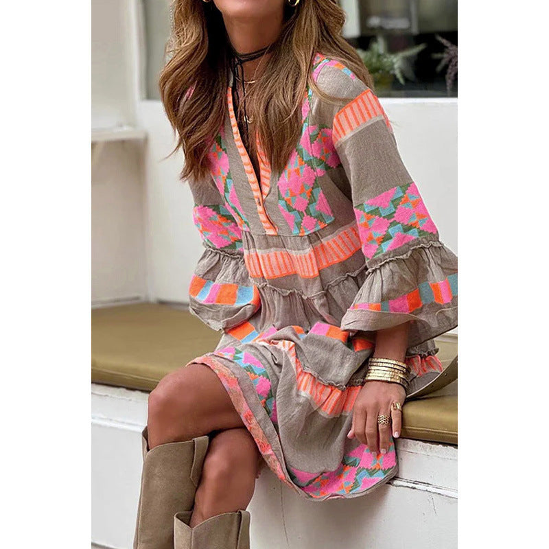 Fashion Print V-neck Dress Summer Ruffle Three Quarter Sleeve Dresses For Women Clothing